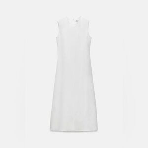 ZARA WOMEN LINEN BLEND MIDI DRESS ZW COLLECTION OYSTER WHITE SMALL 8135/100/251